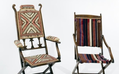 2 oriental cloth wood folding armchairs