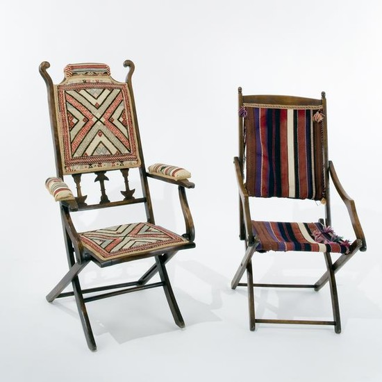 2 oriental cloth wood folding armchairs