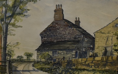 20th Century School, watercolour and gouache, A house beside a bend in the road, signed indistinctly
