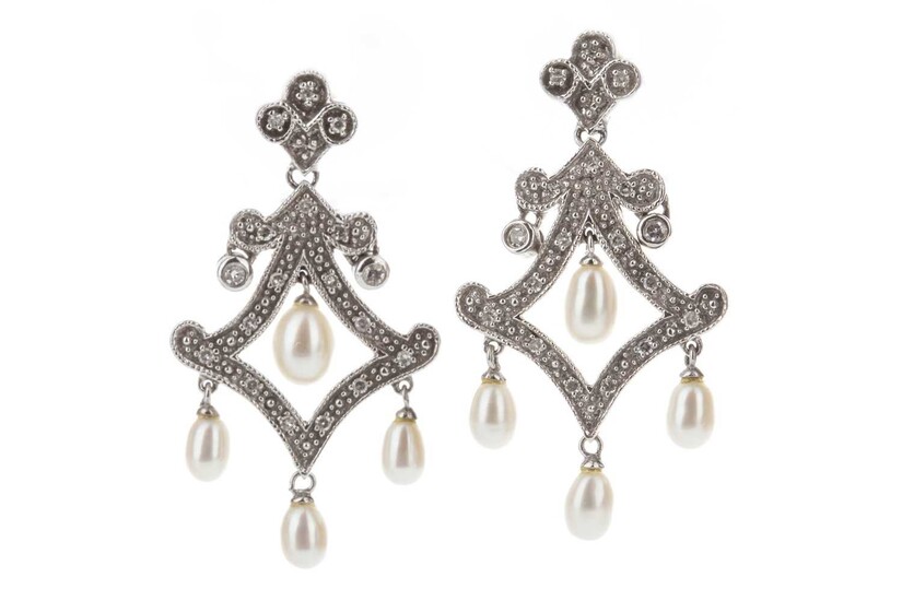 A PAIR OF DIAMOND AND PEARL DROP EARRINGS