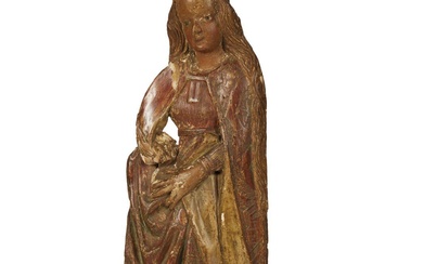264 Sainte femme en bas relief en bois sculpté polychrome à réhauts dorés.