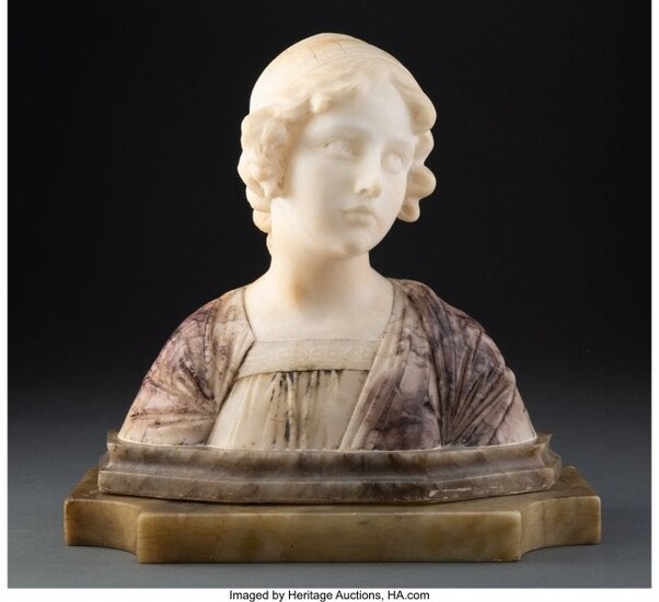28164: A Carved Marble Bust of a Woman on a Green Marbl