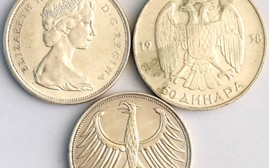 3 Silver Coins - 5 Mark 1951 Germany, 50 Dinara...