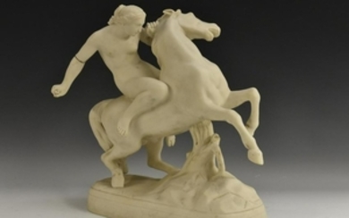 A 19th century Parian equestrian group, of an Amazon on
