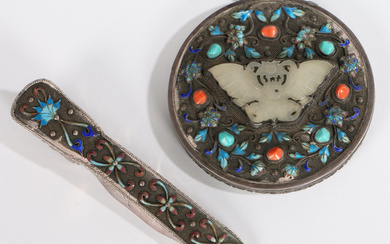 A CHINESE JADE, ENAMEL AND TURQUOISE SET HAND MIRROR.
