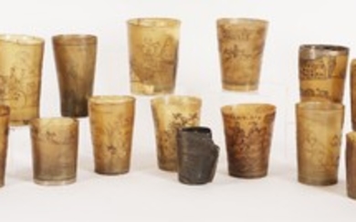 Thirteen horn tumblers, 18th/19th century, all with engraved or scratch carved scenes, including ...