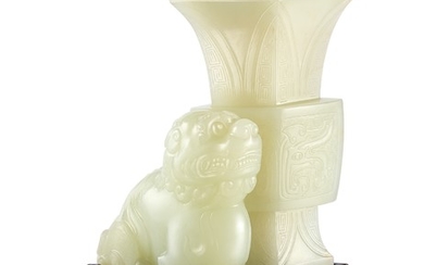 A FINELY CARVED WHITE JADE 'LION' VASE GROUP QING DYNASTY, QIANLONG PERIOD