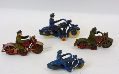 (4) Police cast iron motorcycles. A blue Champion