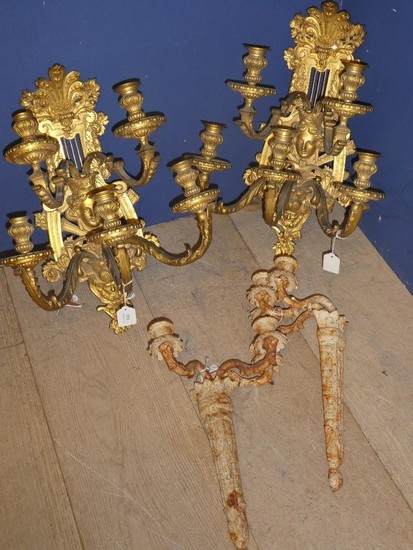 4 Wall sconces, 2 decorated in gilt with bearded man & femal...