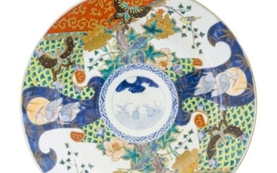 IMARI PORCELAIN CHARGER A rabbit center surrounded by a bold crane, flower and butterfly border. Diameter 18".