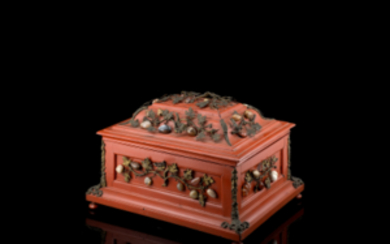 A lacquered box with metal and hardstones decorations. 19th century (cm 38x24x31) (defects)