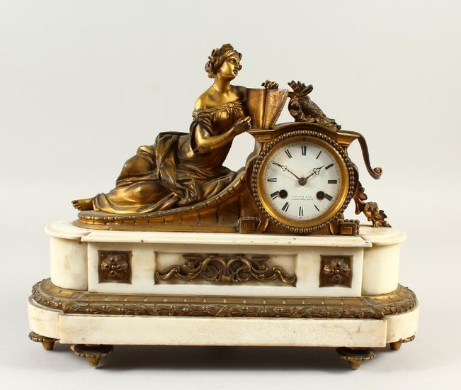 A 19TH CENTURY FRENCH ORMOLU AND MARBLE MANTLE CLOCK