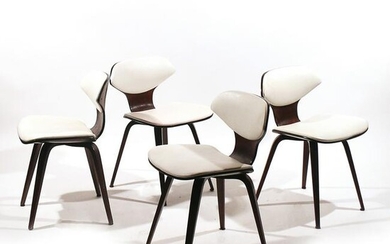 (4pc) BENT PLYWOOD & WHITE LEATHER SIDE CHAIRS
