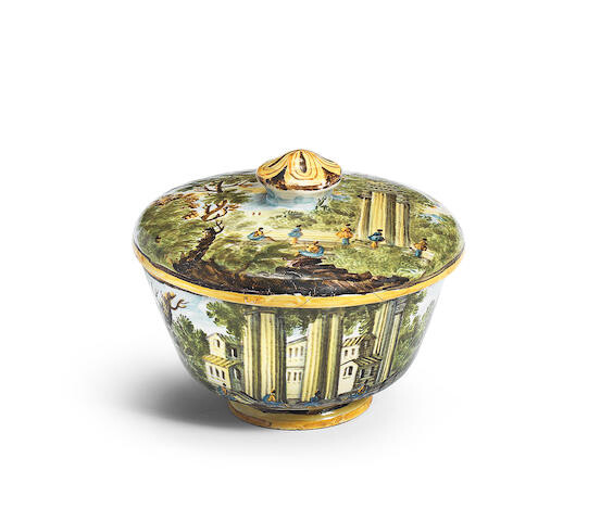 A Castelli maiolica bowl and cover, circa 1760