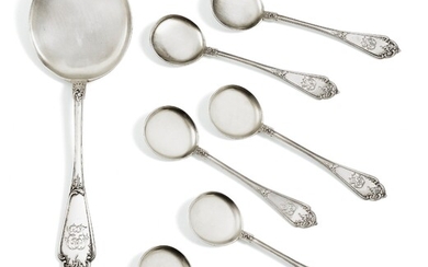 A Set of Six Parcel-Gilt Ice-Cream Serving Flatware Spoons and a Matching Serving Spoon, Fabergé, Moscow, Circa 1900