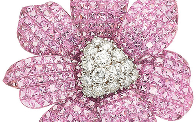 Pink Sapphire, Diamond, White Gold Brooch The flower...
