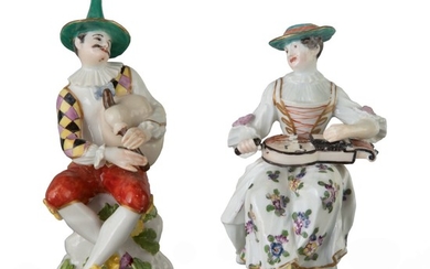 AN ASSEMBLED PAIR OF MEISSEN FIGURES OF HARLEQUIN AND COLUMBINE, CIRCA 1750