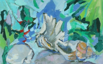 Mette Møller Bovin: Composition. Signed MMB. Oil on canvas. Oil on canvas. 60×81 cm.
