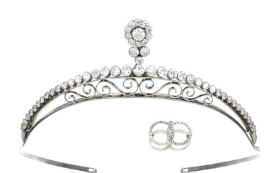 Diamond tiara and a seed pearl and diamond brooch, early 20th century and later
