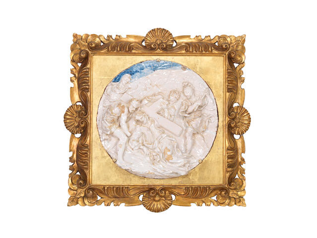 Attributed to Giovanni Camillo Cateni (Italian, 1662-1732): A glazed terracotta tondo figural relief of Christ on the Road to Calvary