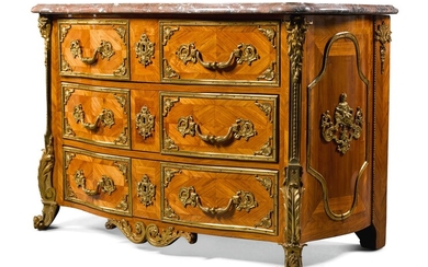 A Régence style gilt-bronze mounted tulipwood commode in the manner of Alexandre-Jean Oppenordt, probably English, mid-19th century