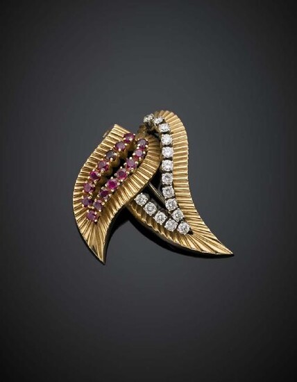 Diamond and ruby yellow gold stylized leaf brooch
