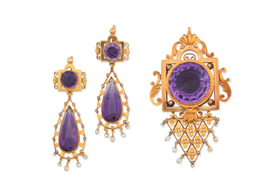 An amethyst and seed pearl brooch/pendant and pendent earring suite,, circa 1870