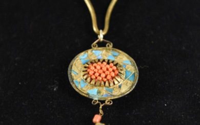 ANTIQUE CHINESE CORAL, KINGFISHER PENDANT NECKLACE