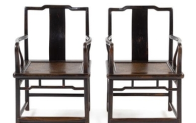 * A Pair of Chinese Black Lacquered Elmwood Official's Hat Armchairs, Nanguanmaoyi
