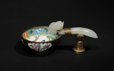 Chinese Jade Dragon Hook in Enamel Bowl