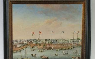 Chinese O/c trade painting of the hongs, Canton