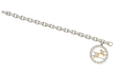 A diamond, sapphire, gold and platinum charm bracelet
