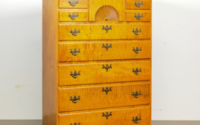 Eldred Wheeler Chippendale-style Tiger Maple Fan-carved Tall Chest