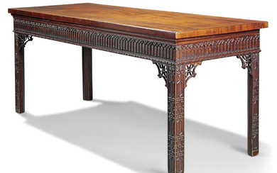 AN ENGLISH MAHOGANY SERVING TABLE, OF GEORGE III-STYLE, LATE 19TH CENTURY/EARLY 20TH CENTURY, POSSIBLY MADE EN-SUITE WITH THE WELLER POLEY CHAIRS