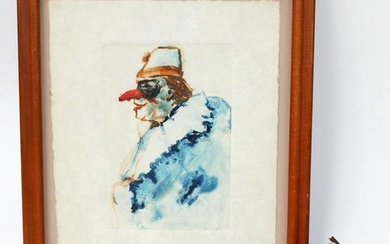 Framed watercolor painting depicting a clown