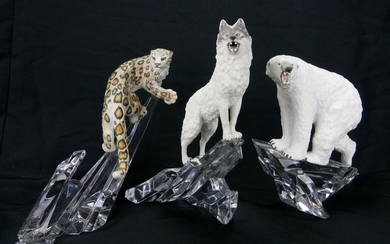 3 Franklin Mint Porcelain animals on crystal