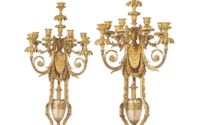 A PAIR OF FRENCH ORMOLU AND WHITE MARBLE TEN-LIGHT CANDELABRA, AFTER THE MODEL ATTRIBUTED TO PIERRE GOUTHIÈRE, LATE 19TH CENTURY