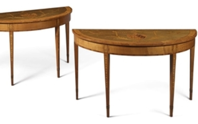 A pair of George III satinwood, tulipwood, harewood and marquetry demilune side tables, in the manner of William Moore of Dublin, late 18th century