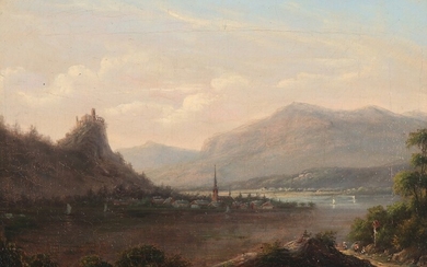 I. P. Møller: Mountainscape with houses and persons by an inlet. Signed with monogram. Oil on canvas. 29.5×40 cm.