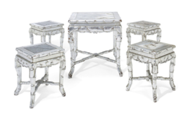 AN INDIAN SILVERED-HARDWOOD AND MARBLE INSET GAMES TABLE AND FOUR MATCHING STOOLS, 20TH CENTURY