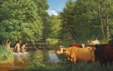 Jørgen Sonne: By the brook a hot summer day. Signed and dated J. Sonne 1866. Oil on canvas. 80 x 120 cm.
