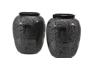 Lalique, Cristal Lalique, Biches, a pair of black glass ovoid vases
