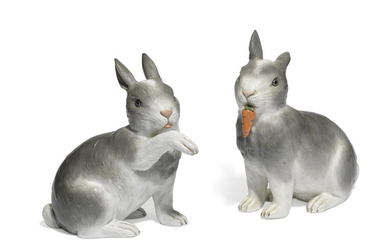 A PAIR OF MEISSEN PORCELAIN MODELS OF RABBITS, 19TH CENTURY, BLUE CROSSED SWORDS MARKS, INCISED J.121. TO BOTH AND PRESSNUMMER 84 TO ONE