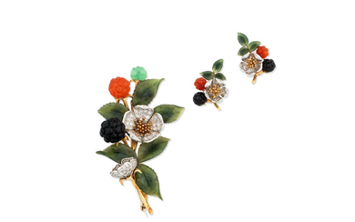 A mid-20th century gem-set spray brooch and earring suite