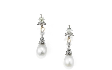 Pair of natural pearl and diamond ear clips, circa 1900
