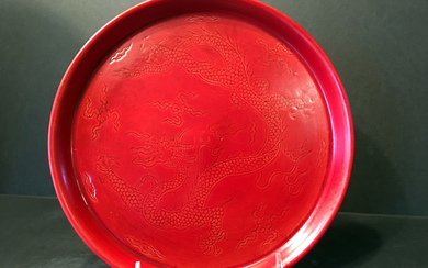 OLD Chinese Large RED Glazed Dragon Plate, Chenghua mark and probably period. 8 1/2"