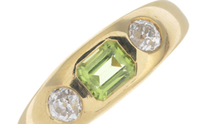 A peridot and diamond three-stone ring.