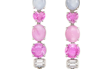 Pair of Platinum, Pink Sapphire, Pink and Gray Star Sapphire and Diamond Pendant-Earclips