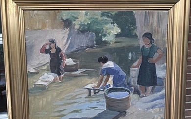Søren Sørensen: Women doing laundry in a steam. Signed. SS 26. Oil on canvas. 45×55 cm.