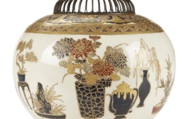 A Satsuma enameled pottery globular censer with wirework cover...